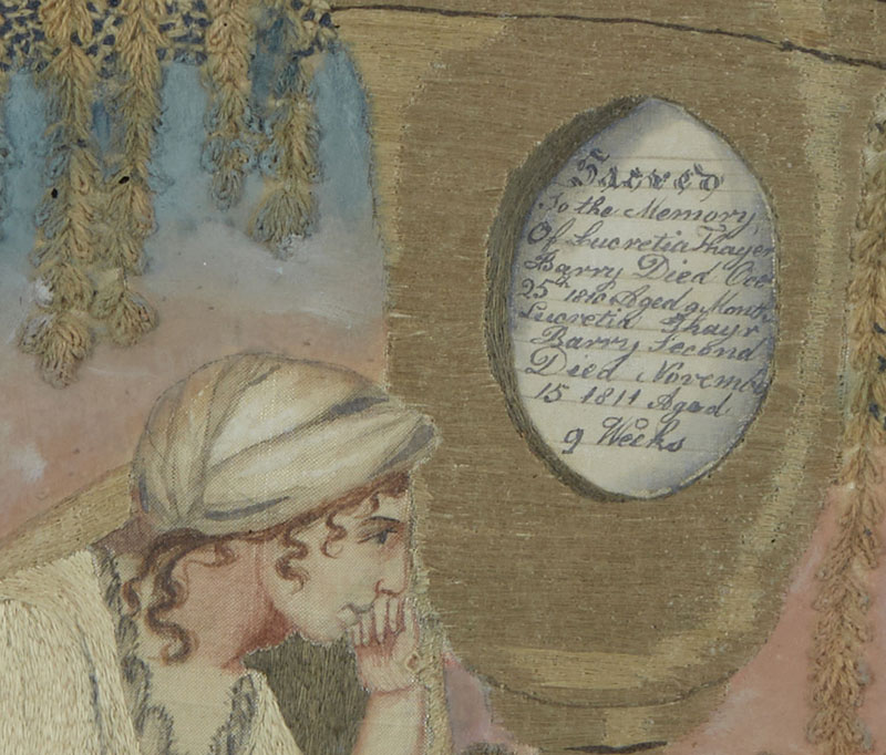 Figure 3. Detail, Mary Ann Barry (1798–1866), 𝘔𝘦𝘮𝘰𝘳𝘪𝘢𝘭 𝘵𝘰 𝘓𝘶𝘤𝘳𝘦𝘵𝘪𝘢 𝘉𝘢𝘳𝘳𝘺, 1812, Boston, MA. Concord Museum Collection, T1200.