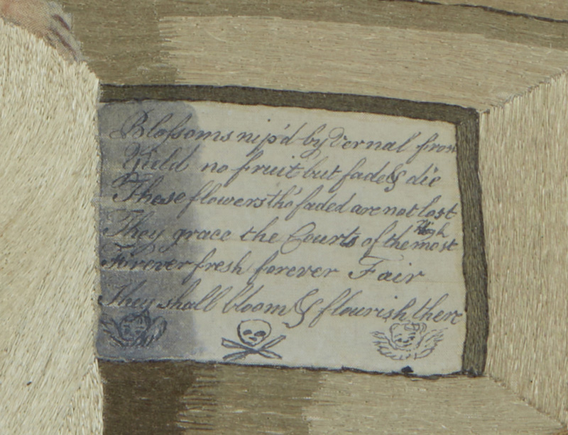 Figure 4. Detail, Mary Ann Barry (1798–1866), 𝘔𝘦𝘮𝘰𝘳𝘪𝘢𝘭 𝘵𝘰 𝘓𝘶𝘤𝘳𝘦𝘵𝘪𝘢 𝘉𝘢𝘳𝘳𝘺, 1812, Boston, MA. Concord Museum Collection, T1200.