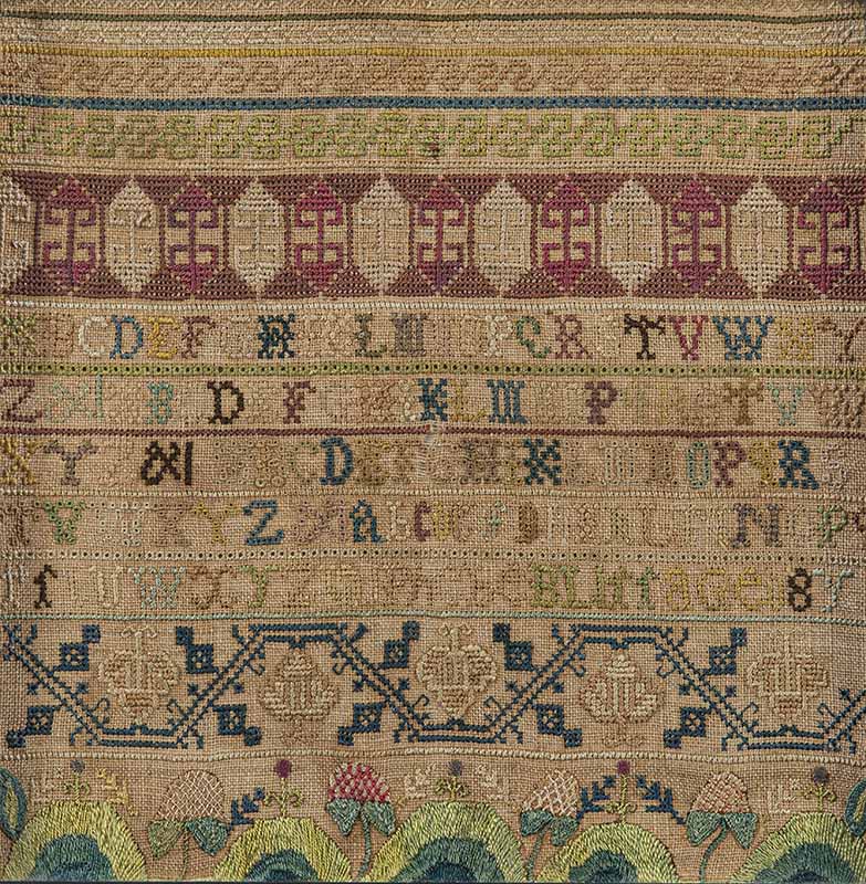 Figure 5. Phebe Bliss (1741–1825), Sampler (detail), 1749, North End of Boston. Concord Museum Collection, Gift of Mrs. Richard D. Boyer, T18.