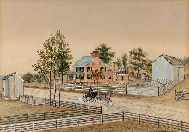 Figure 2. Edward Lange, Long Island Farmstead with Red House, 1874. Watercolor and gouache on paper. PLI, gift of Mr. Valdemar F. Jacobsen, 2006.13.3. Photographed by Glenn Castellano.