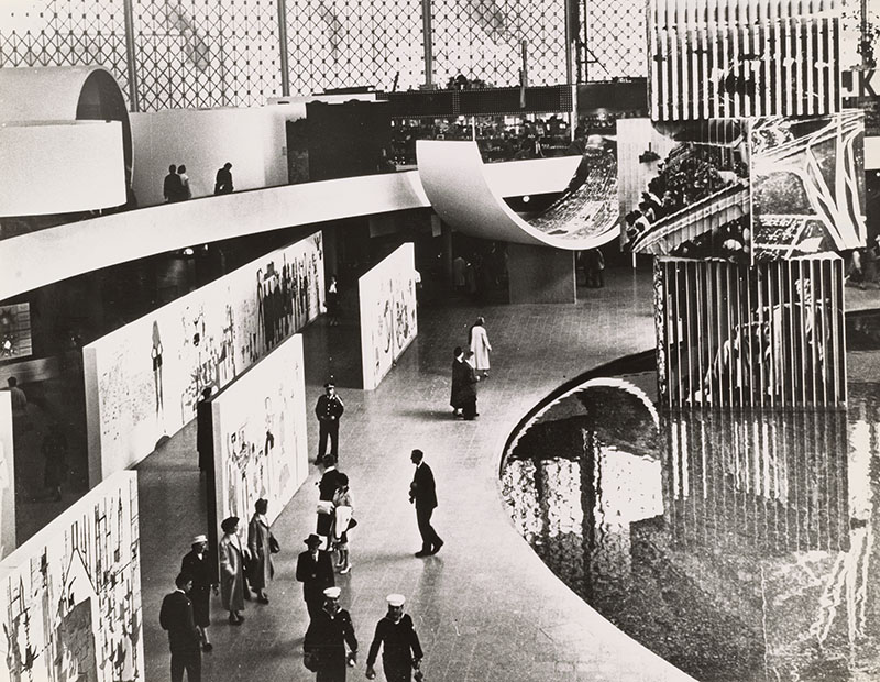 Figure 1. Four of eight Saul Steinberg murals, United States Pavilion, Brussels World’s Fair, 1958. James S. Plaut Papers, Archives of American Art, Smithsonian Institution.