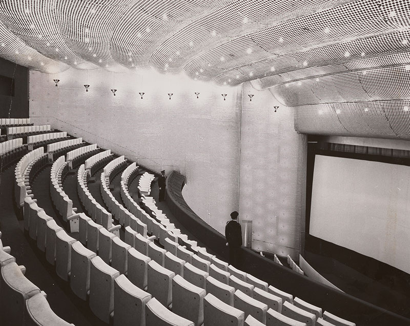Figure 3. Interior of the Theatre for the Performing Arts, United States Pavilion, Brussels World’s Fair, 1958. Dorothy Liebes Papers, Archives of American Art, Smithsonian Institution.