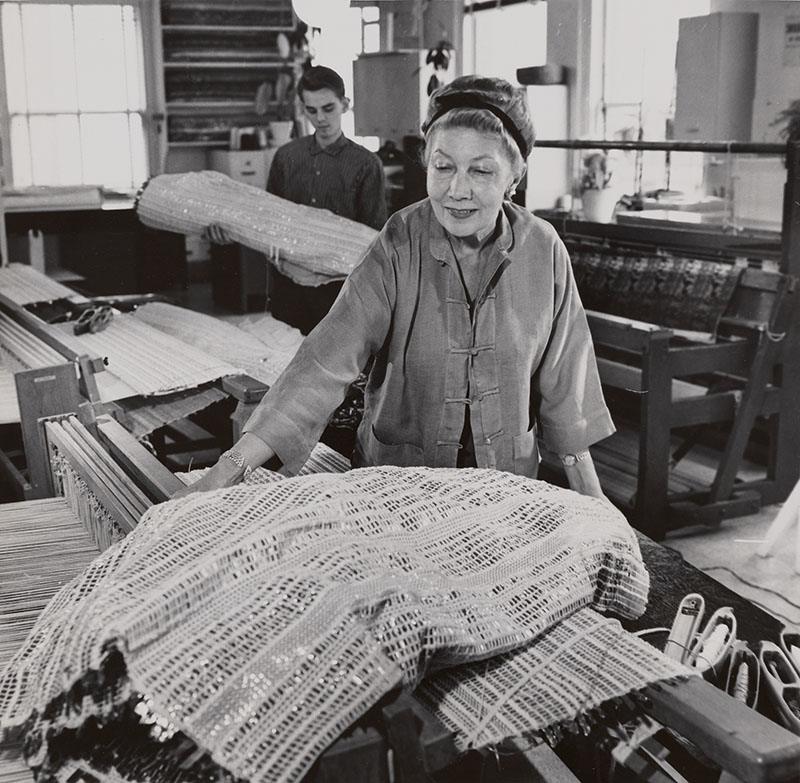 Figure 6. Liebes in her studio, New York City, with her curtain fabric for the Brussels World’s Fair, 1958. Dorothy Liebes Papers, Archives of American Art, Smithsonian Institution.