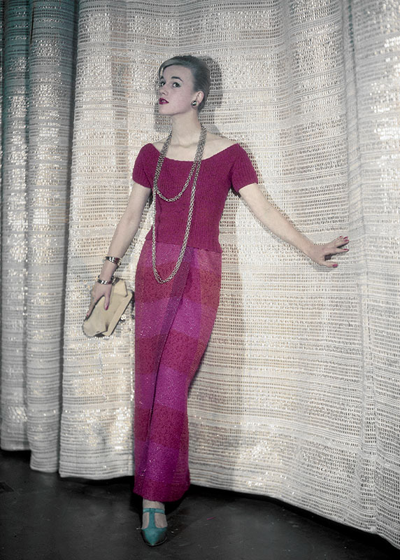 Figure 8. Model wearing a skirt from the Dorothy Liebes/Bonnie Cashin Skirtings Collection, standing in front of the Liebes-designed theater curtain for the Theatre for the Performing Arts at the Brussels World’s Fair, 1958. Dorothy Liebes Papers, Archives of American Art, Smithsonian Institution.