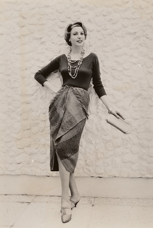 Figure 9. Model wearing a skirt from the Dorothy Liebes/Bonnie Cashin Skirtings Collection in the Argentine pavilion at the Brussels World’s Fair, 1958. Dorothy Liebes Papers, Archives of American Art, Smithsonian Institution.