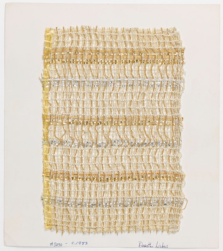Figure 5. Designed by Dorothy Wright Liebes, Sample card, c. 1953. Plain-woven cellulose triacetate, viscose rayon, cotton, cellophane, Lurex (CAB-laminated aluminum yarn). Gift of the Estate of Dorothy Liebes Morin, Cooper Hewitt, Smithsonian Design Museum, 1972-75-88. Photo by Matt Flynn © Smithsonian Institution.