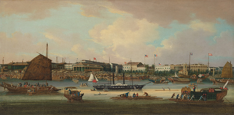 Figure 2. Canton Waterfront (The Hongs at Canton) (detail), 1847–56, American. Oil on canvas. The Metropolitan Museum of Art, Rogers Fund, 1957, 56.212.