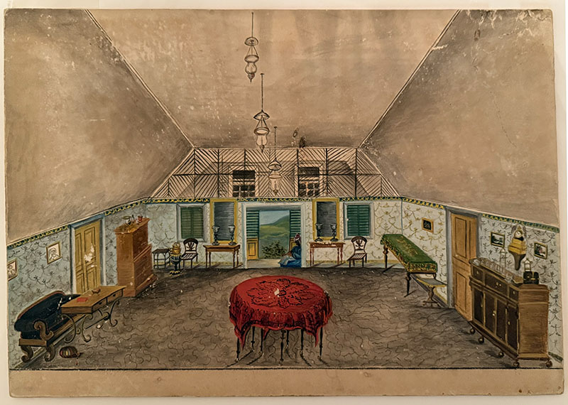 Unknown artist, 𝘐𝘯𝘵𝘦𝘳𝘪𝘰𝘳 𝘝𝘪𝘦𝘸 𝘰𝘧 𝘢 𝘊𝘰𝘭𝘰𝘯𝘪𝘢𝘭 𝘉𝘶𝘯𝘨𝘢𝘭𝘰𝘸, 𝘚𝘵. 𝘊𝘳𝘰𝘪𝘹, 𝘜.𝘚. 𝘝𝘪𝘳𝘨𝘪𝘯 𝘐𝘴𝘭𝘢𝘯𝘥𝘴, mid-19th century, Christiansted, St. Croix. Charcoal, watercolor, and gouache on paper. The Richard Hampton Jenrette Foundation, 2005.011. Photo by Bethany J. McGlyn.