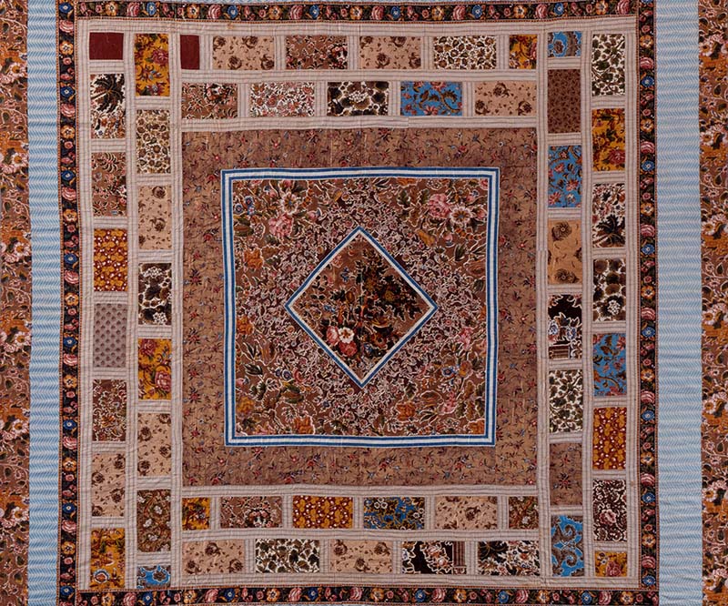 Isabella Galdone is studying textiles crafted by women, such as this Framed Medallion quilt (detail), c. 1840, England. Pieced and quilted cotton. Los Angeles County Museum of Art, Costume Council Fund, M.86.155.