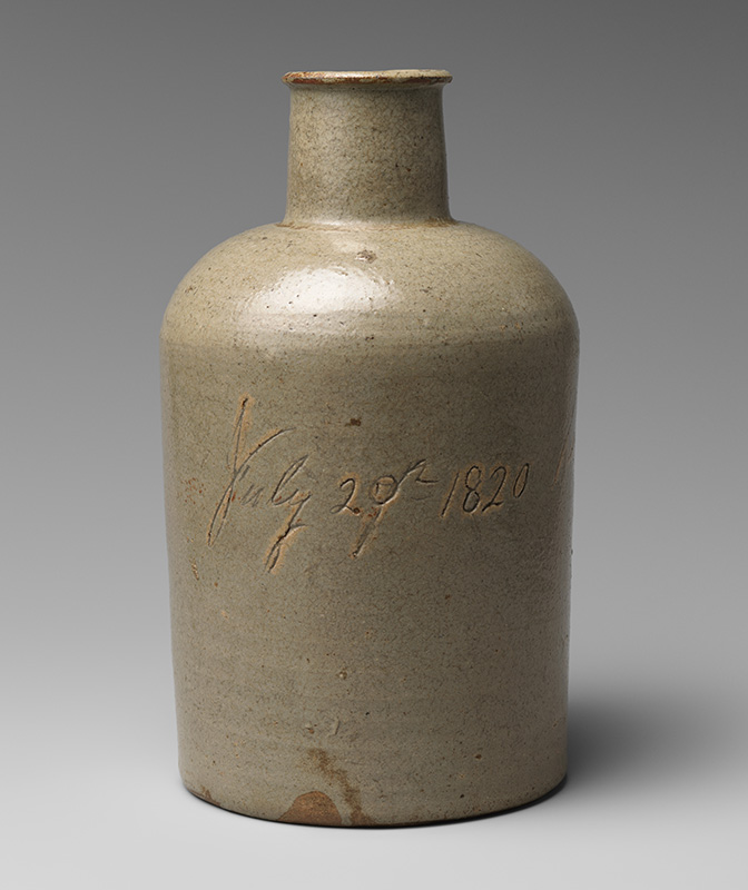 Figure 5. Dr. Abner Landrum, Pottersville Stoneware Manufactory, Bottle, 1820, Old Edgefield District, SC. Alkaline-glazed stoneware. Inscription: “July 20, 1820 A. Landrum”. William C. and Susan S. Mariner Collection at the Museum of Early Southern Decorative Arts at Old Salem, Winston-Salem, NC, 5813.1. © Metropolitan Museum of Art. Photo by Eileen Travell.