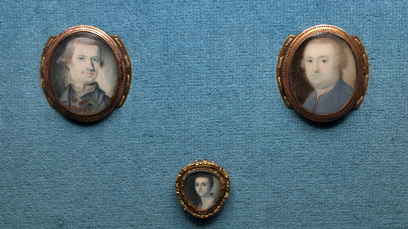 Figure 3. John Green, Self-portrait, portrait of the Hon Thomas Smith, and portrait of Elizabeth Trott, 1775-1802, Bermuda. Watercolor on ivory in metal frames. Bermuda National Trust, Waterville, 96.L.114, 96.L.115, 96.L.116. This photo by author, all rights reserved.