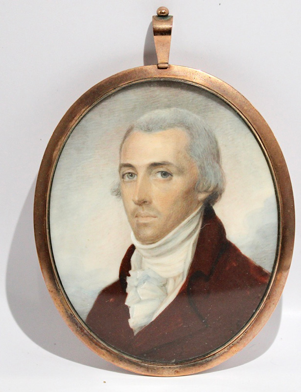 Figures 5. Portrait Miniature of John Stowe, c. 1800, Bermuda. Watercolor on ivory in metal frame with hairwork on reverse. Bermuda Historical Society. This photo by author, all rights reserved.