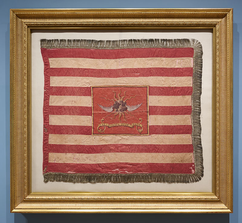 Figure 2. 2nd Connecticut Continental Light Dragoons Regimental Flag, 1776, possibly made in Philadelphia. Silk, silk thread, metal fringe, painted decoration. Middleton Family Collection on loan to the Philadelphia Museum of Art. Photo by Sarah Croop.