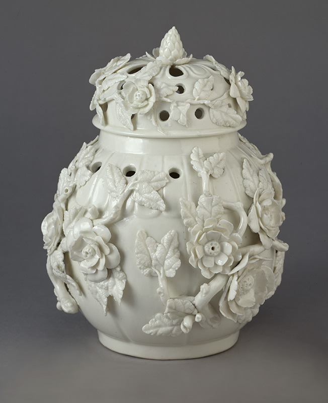 Figure 2. Made by Saint-Cloud Porcelain Manufactory, Potpourri jar and cover, 1730–40, Saint-Cloud, France. Soft-paste porcelain. Purchase: the Esther Clark Garnett Fund, F97-20 A,B. Image courtesy The Nelson-Atkins Museum of Art, Kansas City, MO.