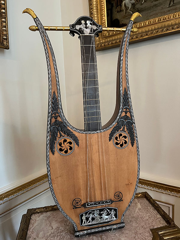 Figure 4. Pierre Charles Mareschal, Lyre Guitar, 1785–1800, France. Spruce, Brazilian rosewood, ormolu, ebony, and mother-of-pearl. Image courtesy of Nemours Estate.