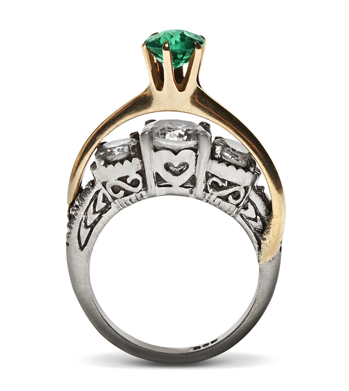 Figure 4. Davis Kemp Russell, Second Wife ring, 2018. 10-karat gold, emerald, sterling silver, cubic zirconia. Collection of SCAD Museum of Art, Gift of Susan Grant Lewin. Image courtesy the New Orleans Museum of Art (NOMA).