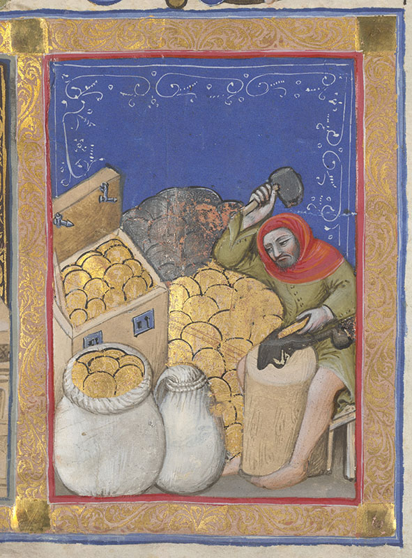 𝘎𝘰𝘭𝘥𝘣𝘦𝘢𝘵𝘦𝘳, Frontispiece from a register of creditors of a Bolognese lending society. Illuminated by Nicolò di Giacomo di Nascimbene, called Nicolò da Bologna Italy, Bologna, 1394–95. The Morgan Library & Museum, MS M.1056 fol. 1v detail. Purchased by the Fellows Fund, special gift of Mrs. Roy O’Connor, 1984.