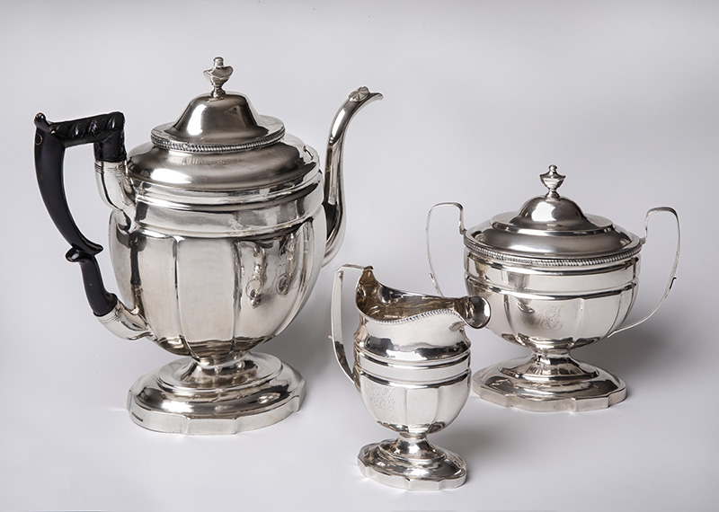 Figure 7. Thomas McConnell, Coffee service, c. 1808, Wilmington, DE. Silver and fruitwood handle. On loan from Winterthur, gift of Mrs. Earle R. Crowe, acc. no. 1972.108-.110.