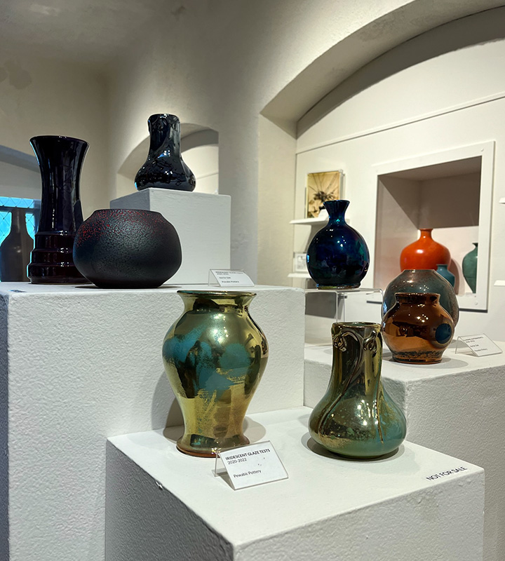 Pewabic Pottery vases with iridescent glaze tests, 2020–22.