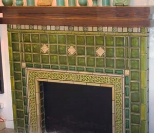 Fireplace showcasing Pewabic tile in the design area of the Pottery.