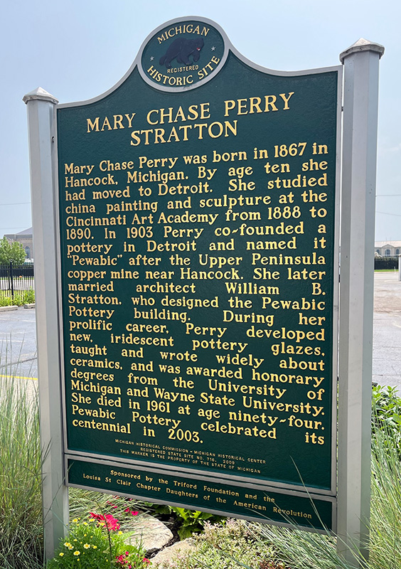Pewabic Pottery historic marker honoring founder Mary Chase Perry Stratton.