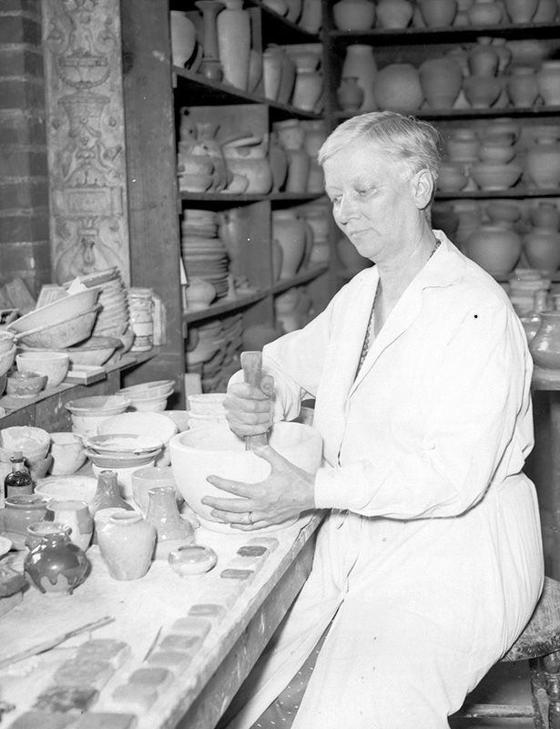 Figure 1. Mary Chase Perry Stratton at Glaze Bench, c. 1940. Courtesy of Pewabic Pottery.