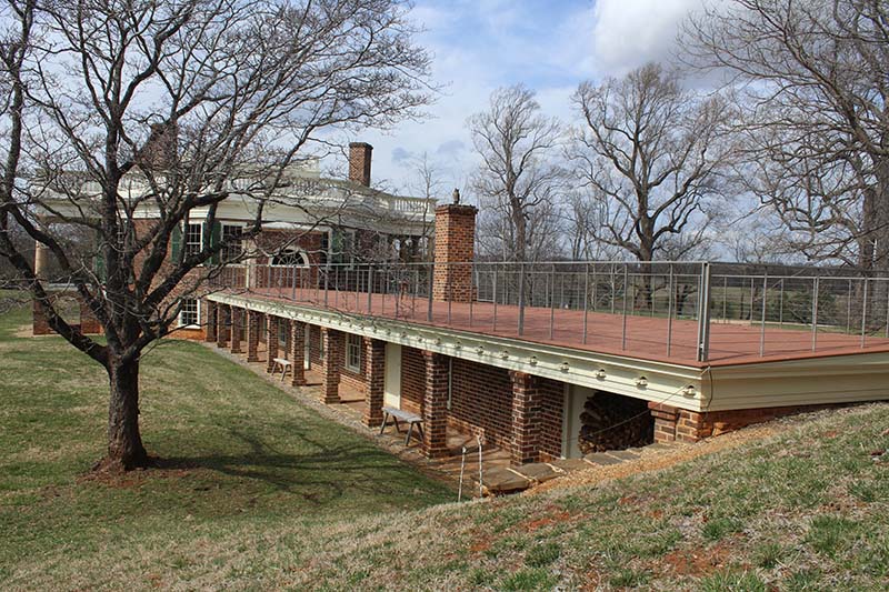 Figure 4. The 100-foot-long service wing, featuring Jefferson’s invention of a flat roof, on the east side of the house.