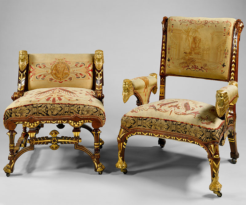 Lea C. Stephenson is studying Egyptian-inspired textiles and jewelry. Pictured: Attributed to Pottier and Stymus Manufacturing, Armchair, 1870–75, New York City. Rosewood, prickly juniper veneer, gilding, brass, original tapestry upholstery. The Metropolitan Museum of Art, Funds from various donors, 1970, 1970.35.1.