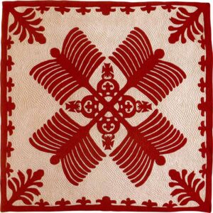 Julia Carabatsos is studying Hawaiian quilts. Pictured: Mary Sophia Rice, 𝘕𝘢̄ 𝘒𝘢𝘭𝘢𝘶𝘯𝘶 𝘔𝘦 𝘕𝘢̄ 𝘒𝘢𝘩𝘪𝘭𝘪 (Crowns and Kahili), 1886, Hawai‘i. Cotton, plain weave, appliquéd and quilted (contour quilting). Honolulu Museum of Art, Gift of Mrs. Thomas D. King, Jr., 1973, 4182.1.
