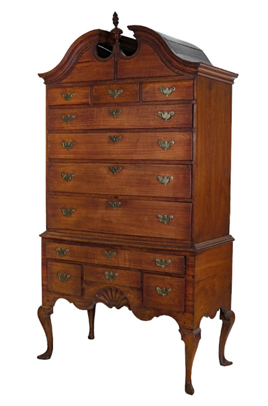 High Chest of Drawers, 1750–65. Newport or Providence, RI. Walnut; yellow poplar, pine; brass. Preservation Long Island purchase, 1961.13.1.