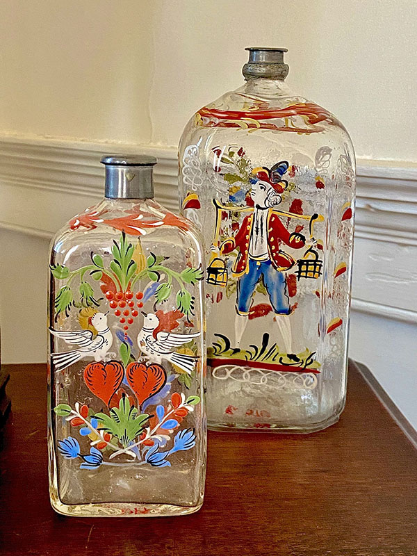 Figure 4. Bottles, late 18th or early 19th century, Pennsylvania. Glass with stiegel-type decorated enamel. Collection of the Rock Ford Foundation.