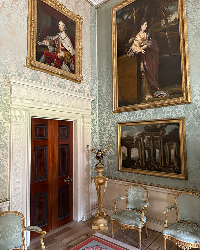 Figure 5. Saltram’s giltwood seating furniture (lower right) is attributed to Thomas Chippendale and is probably after a design by Robert Adam. Reynold’s portrait of Theresa Parker sits above.