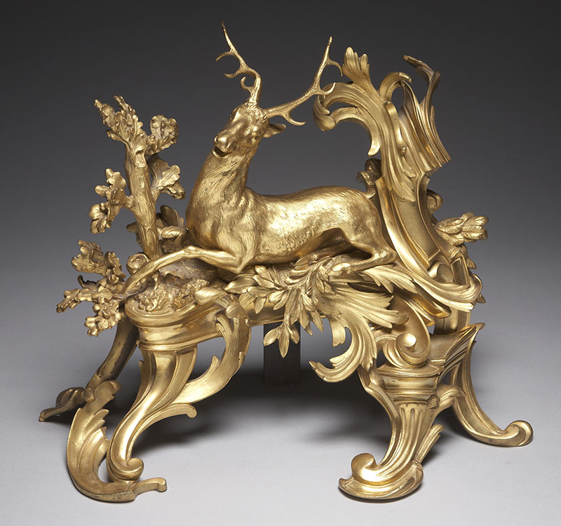 Figure 3. One of a Pair of Firedogs (Chenets) with a boar and stag as emblems of the hunt, 1740–70, France. Gilt bronze. 17 in. Gift of Archer M. Huntington, 1931.141. Image courtesy of The Fine Arts Museums of San Francisco.