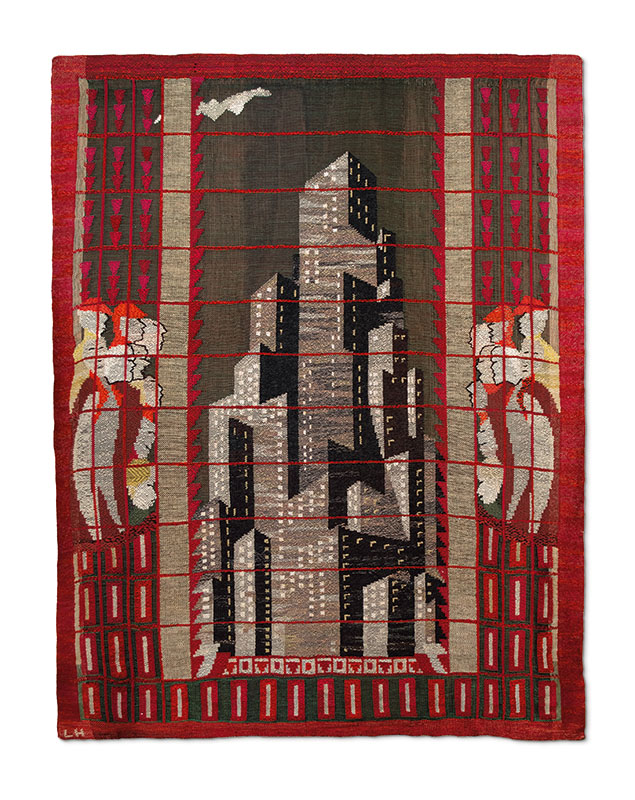 Figure 3. Lillian Holm, First Sight of New York hanging, 1930s. Linen, cotton, wool, viscose rayon. Collection of the Flint Institute of Arts, Flint, MI; gift of Mrs. Lillian Holm in memory of Ralph T. Sayles (FIA 1965.14), © Lillian Holm, photo © Flint Institute of Arts, by Heather Jackson.