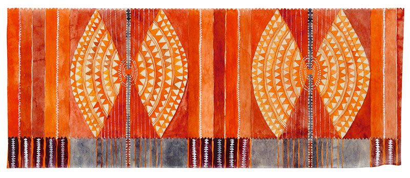 Figure 7. Marianne Richter, Sketch of tapestry for United Nations Economic and Social Council Chamber, c. 1951. Watercolor on paper. ArkDes, the Swedish Centre for Architecture and Design collections (ARKM.1972-10-1713), © 2019 Marianne Richter/Artists Rights Society (ARS), New York, photo © ArkDes, the Swedish Centre for Architecture and Design.