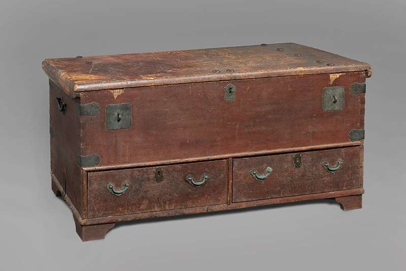 Figure 1. Sea chest, c. 1784, likely Philadelphia or Charleston (with hardware from Canton, China, added later). Mahogany, bald cypress, and white pine; wrought iron and brass mounts. Independence Seaport Museum, gift of the Thibault Family, 1971.046.001.