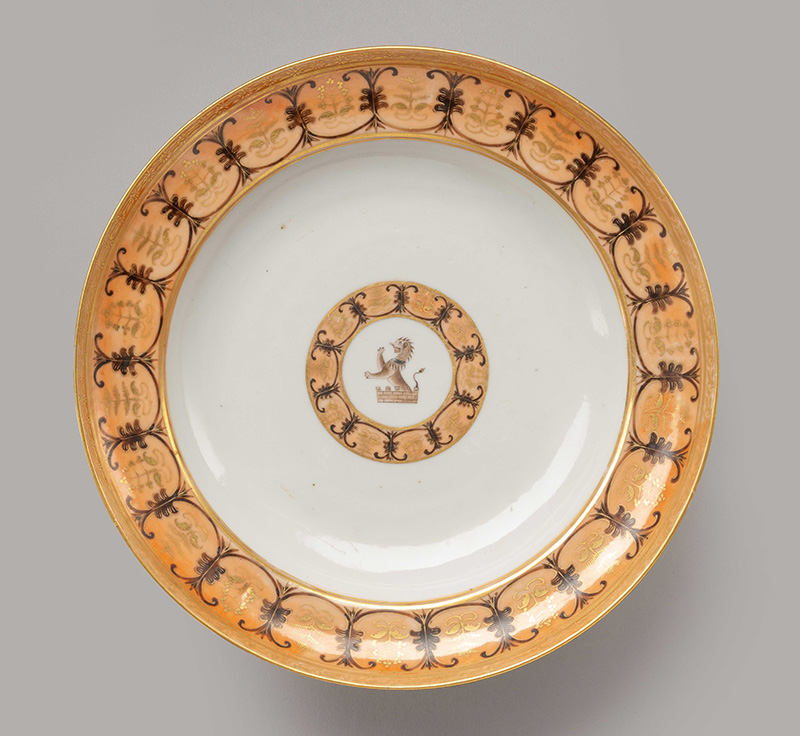 Figure 2. Plate,1813–27. Manufactured in Jingdezhen, China; decorated in Canton, China. Porcelain. Independence Seaport Museum, acquired through the generosity of Hannah L. Henderson, 2023.020.001+.002.