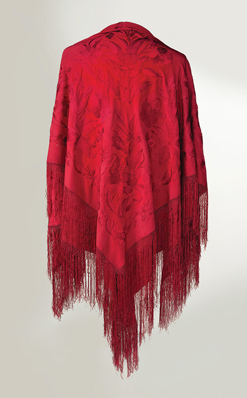 Figure 3. Embroidered shawl, mid-19th century, Canton, China. Chinese silk crepe, embroidered with silk floss. Independence Seaport Museum, acquired through exchange courtesy of a Friend of the Museum, 1977.040.002.