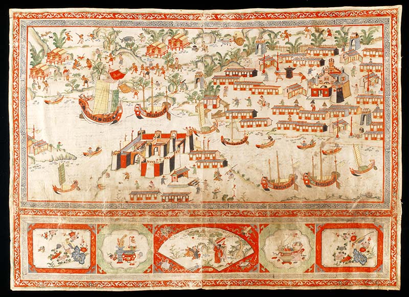 Figure 1. Wall hanging of Tainan City with Fort Zeelandia and Fort Provintia, late 18th century, Qing dynasty (1644–1911), China. Ink and color on deerskin leather. Gift of Joseph and Molly Iwano, 96.40. Image courtesy Seattle Art Museum.