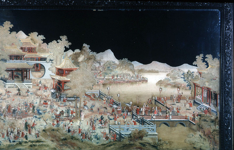 Figure 2. Boys Celebrating the Lantern Festival, late 18th century, Qing dynasty (1644–1911), Qianlong period (1736–95), painted in Guangzhou, China. Mirrored glass; reverse painting with pigment and gilt. Eugene Fuller Memorial Collection, 43.107. Image courtesy Seattle Art Museum.