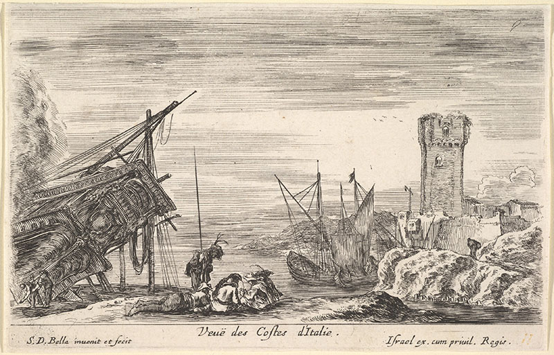 Figure 4. Stefano della Bella, View of the coast of Italy (Veue des Costes d’Italie) from Vues de ports de mar, 1647, France. Etching; second state of two. The Metropolitan Museum of Art, New York, bequest of Phyllis Massar, 2011, 2012.136.552.4.