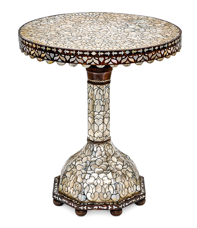 Figure 1. Side table (Mesilla), 1765–1800, Guatemala (for export market, possibly Peru). Wood, inlaid with mother-of-pearl, tortoiseshell, and silver. Los Angeles County Museum of Art, Purchased with funds provided by the Bernard and Edith Lewin Collection of Mexican Art Deaccession Fund, M.2019.264.2a–b. Photo © Museum Associates/LACMA.