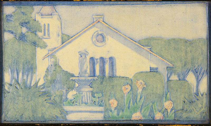 Figure 1. Newcomb College Pottery; Sarah Agnes Estelle “Sadie” Irvine (1887–1970), decorator; Newcomb Chapel on Washington Avenue campus plaque, 1917. Glazed earthenware. Newcomb Art Museum, 1982.398-C.