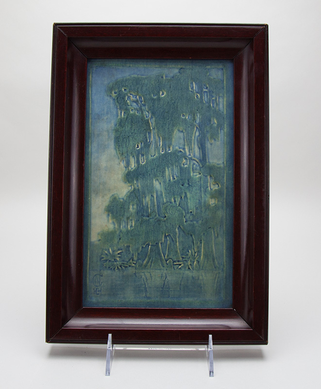 Figure 3. Newcomb College Pottery; Henrietta Davidson Bailey (1874–1950), decorator; Tile with cypress swamp design, 1914. Glazed earthenware. Newcomb Art Museum, 2007.9.