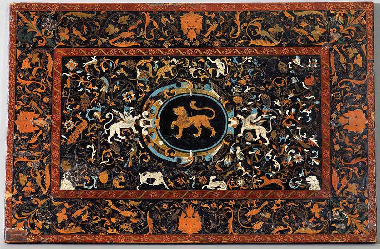 Figure 2. Tabletop, c. 1643, Pasto, Colombia. Barniz de Pasto on Spanish cedar. Hispanic Society of America, Hispanic Society Museum and Library, New York.