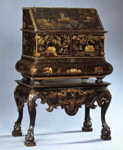 Figure 3. Writing Cabinet on Table, c. 1750, José Manuel de la Cerda. Pátzcuaro, Michoacán, México. Wood, Mexican Maque and gilding, silver drawer pulls. Hispanic Society of America, LS1642.