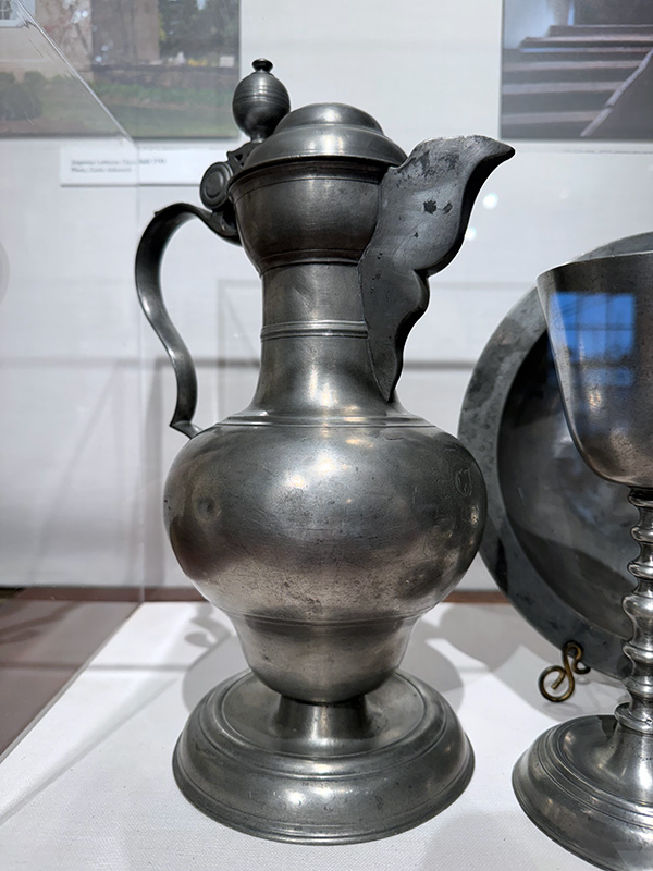 Attributed to Johann Philip Alberti, Flagon from Augustus Lutheran Church Communion Service, c. 1760, Philadelphia, PA. Pewter. Historic Trappe, L2019.005.0003.