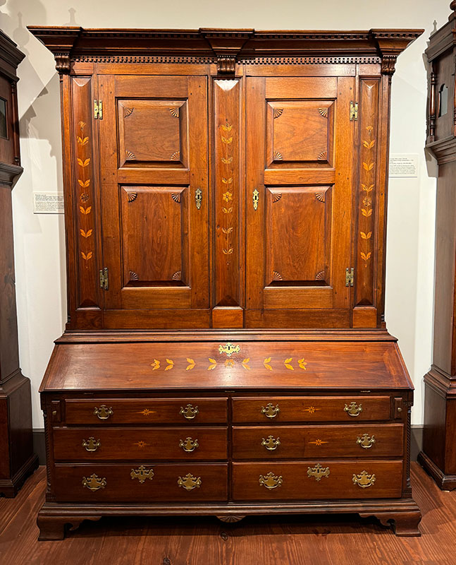 Hybrid wardrobe/schrank and desk, 1780–1800, probably Pennsylvania. Walnut, brass. Historic Trappe, 2019.006.0001a.