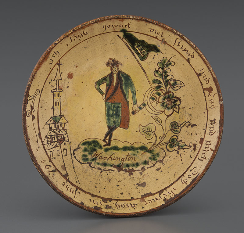 Figure 4. Attributed to Johannes Neis, Plate, Montgomery County, 1795, Pennsylvania. Lead-glazed earthenware. Collection of Susan and Steve Babinsky. Photo by Gavin Ashworth.