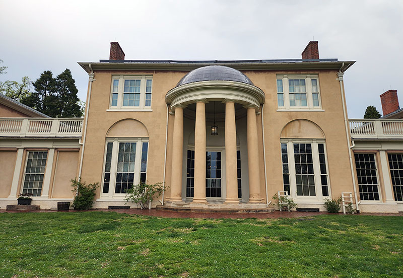 The south façade of the house at Tudor Place as viewed from the garden. Designed by architect William Thornton who also designed the United States Capitol and nearby Octagon House. Completed in 1815.